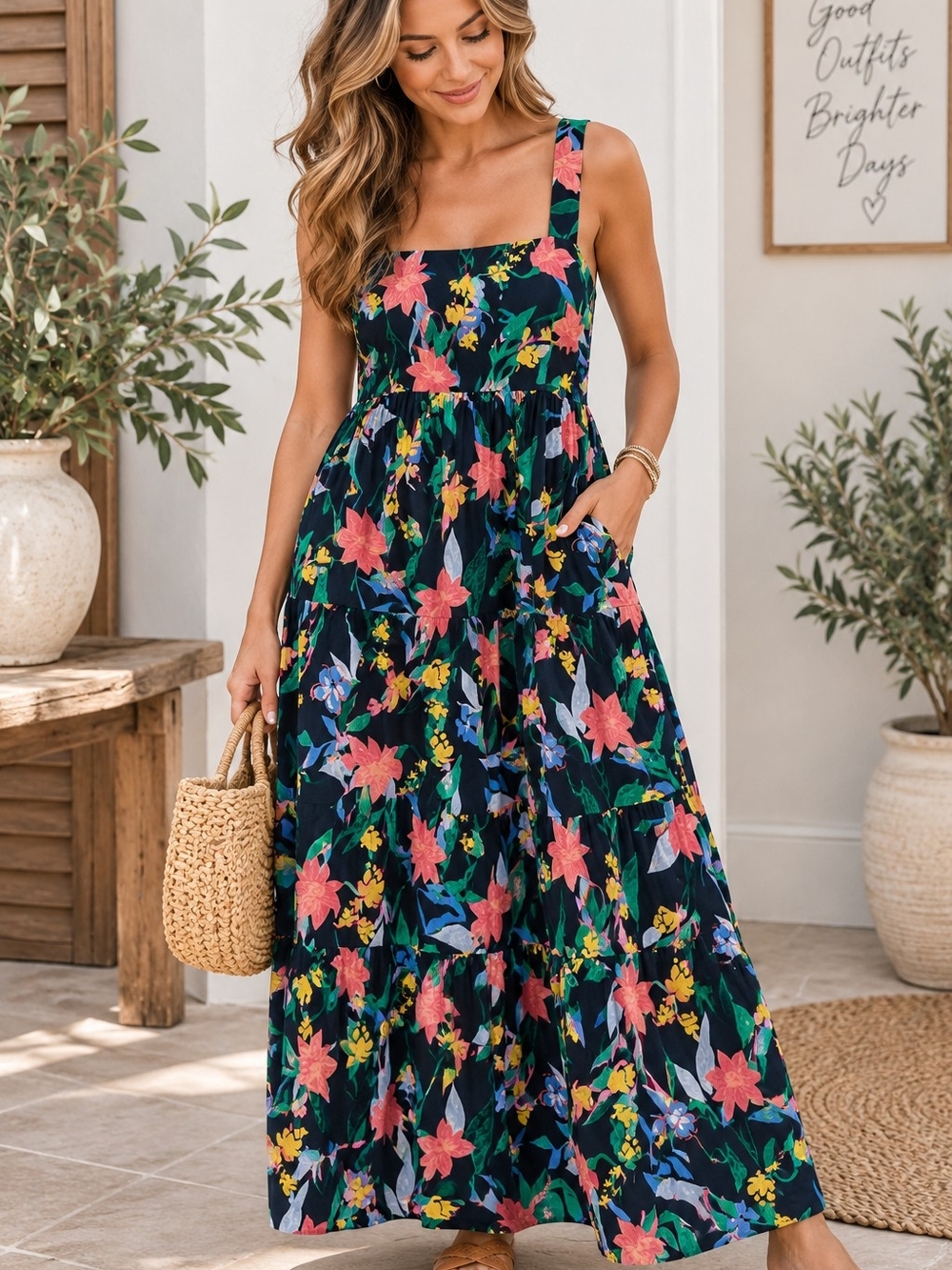 J.Crew Navy Floral Tiered Maxi Dress Cotton Square Neck Pockets, Sz 18